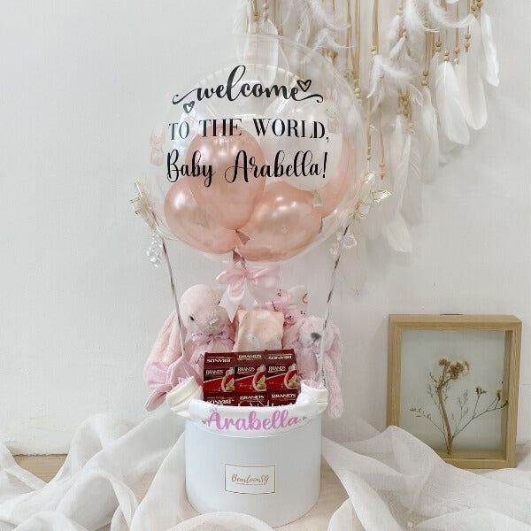 Personalised Baby Girl Newborn Hot Air Balloon Hamper With Birdnest