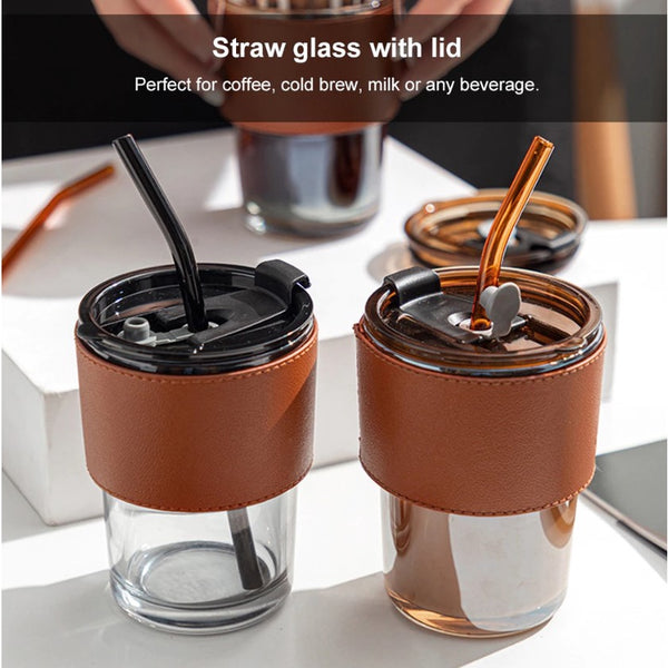 SG Stock] TikTok Glass Mug, Coffee Cup, Bubble Tea Milk Tea Tumbler with  Straw, Travel Mug with Leather