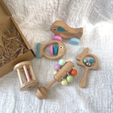 Wooden Wood Montessori Toy Baby Toddler Kit Gift Set Motor Skills Development Interlocking Discs, Wood Toy Car, Rolling Bell Cylinder Toy, Rattle