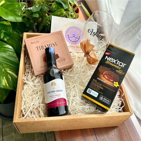 Personalised Wine Glass with Beryl Tiramisu Chocolate and Nextar Brownies (Islandwide Delivery) - Father's Day Flowers & Gifts 2026