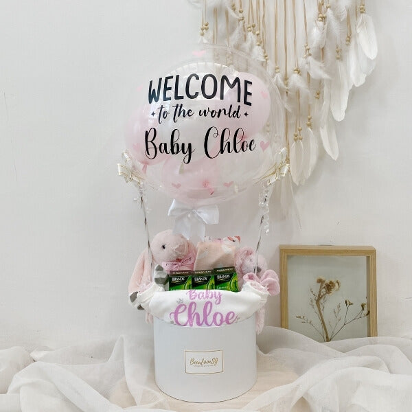 Personalised Baby Girl Newborn Hot Air Balloon Hamper With Chicken Essences