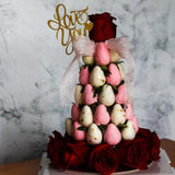 True Bliss Strawberry Tower | Fresh Fruit Arrangement with Chocolate Dipped Strawberry & Rose Flower Arrangements