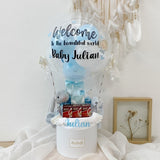 Personalised Baby Boy Newborn Hot Air Balloon Hamper With Birdnest