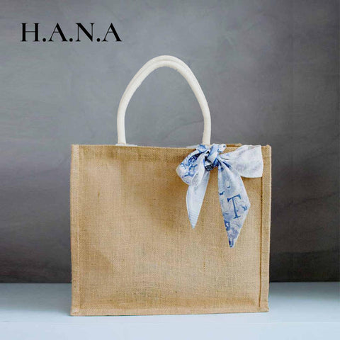 Jute Bag with Vintage Alphabet Silk Scarf