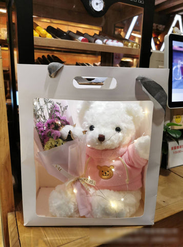 Teddy Bear With Scented Soap Rose / Baby Breath Bouquet & LED Fairy Lights