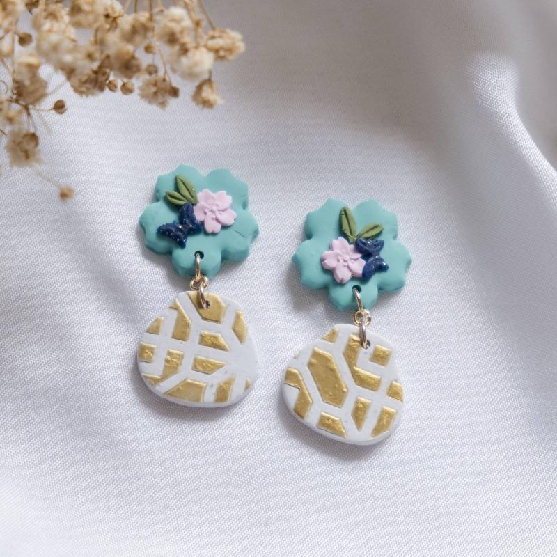 Cherry Blossom Vase Polymer Clay Gold Handmade Earring