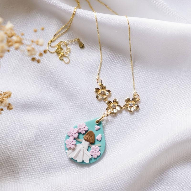 Cherry Blossom & Lady Polymer Clay Necklace