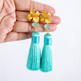 Yellow Flower with Turquoise Mint Premium Silk Tassel Gold Earring