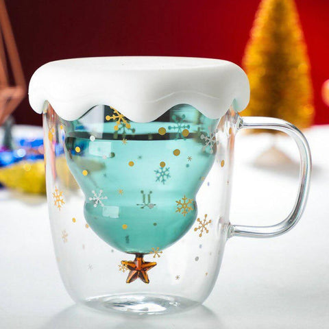 Personalised Christmas Tree Double Wall Glass Coffee Mug with Lid