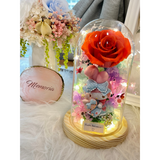 LED Preserved Flowers and Rabbit Bunny Glass Dome
