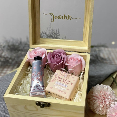 Personalised Wooden Box with Hand Cream & Soaps