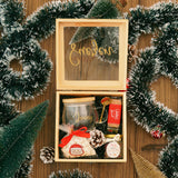 Christmas Gift Set #8 -Glass Tea Cup, Rose Tea, Biscuit, Mashmallow, Wooden Box