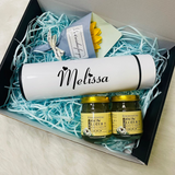 Personalised Thermal Flask & Bird's Nest Drink & Soap Flowers Gift Set