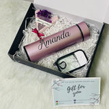 Corporate Appreciation Gift: Personalized Thermal Flask Bottle, Mini Soap Flower Bouquet, Sanitizer Spray Keychain Gift Box