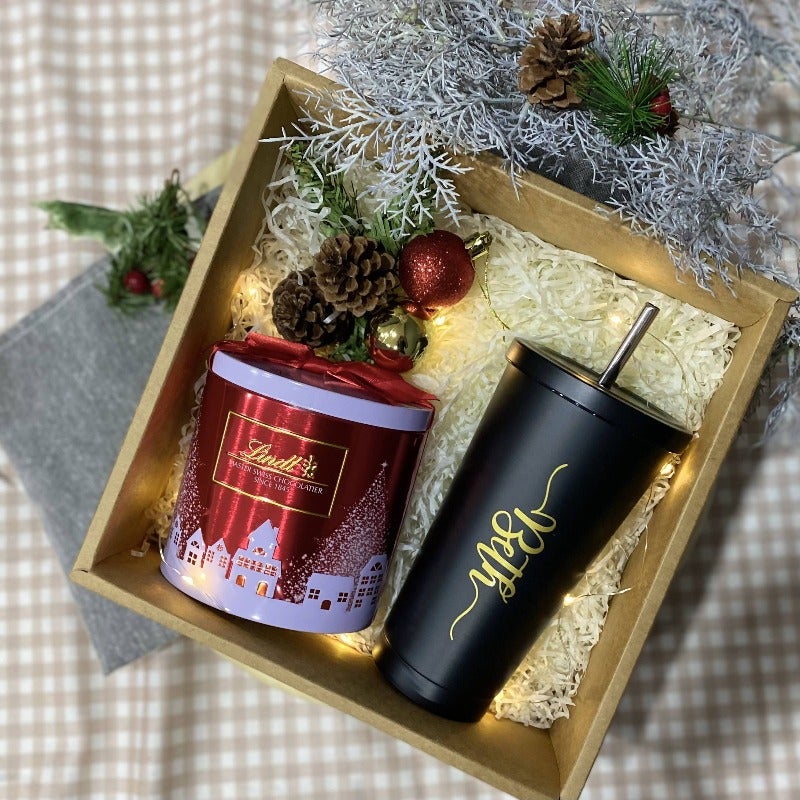 Personalised Travel Stainless Steel Tumbler and Christmas Edition Lindt's Chocolate with LED Light