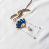 Oriental Blue Fan Pearl Hair Chopstick/Bookmark