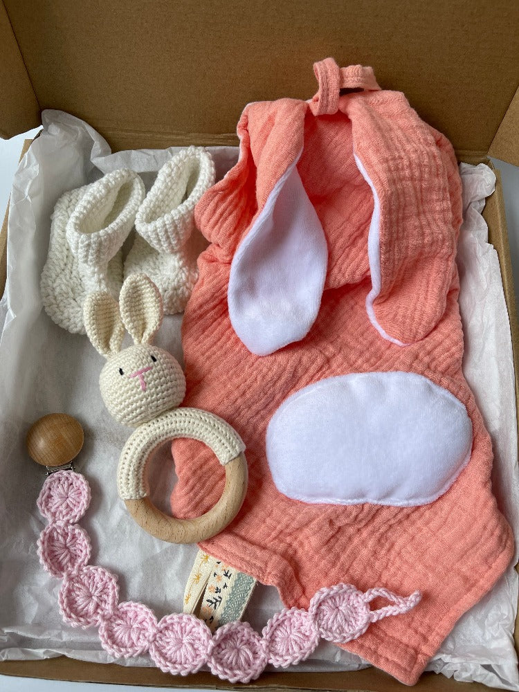 Newborn Baby Gift Set in Pink Bunny Toy Rattle Teether Clip Crochet Booties Lovie Comforter Towel