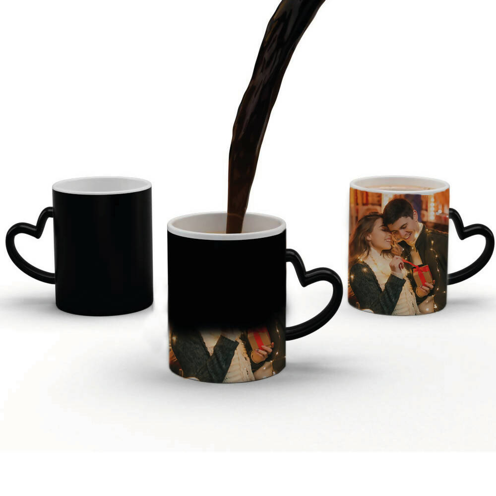 Personalised Printed Heart Handle Magic Mug Black