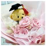 Graduation Preserved Roses and Bear Bouquet - Pink