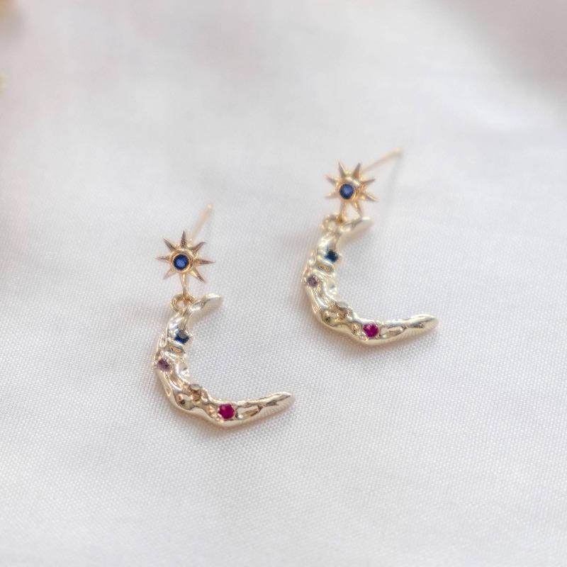 Star Moon Blue Red Gold Handmade Earring