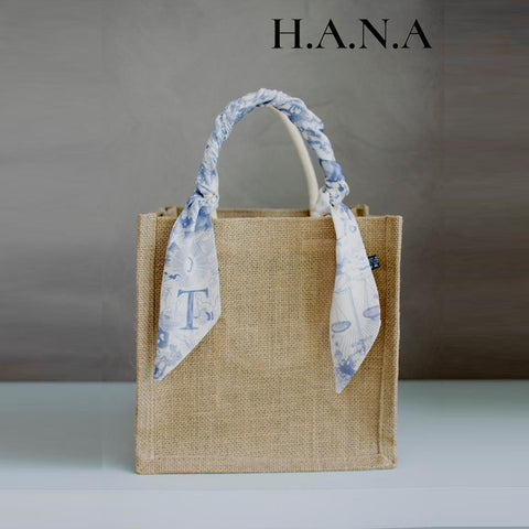 Jute Bag with Vintage Alphabet Silk Scarf