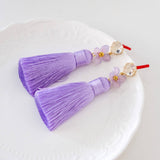 Purple Handmade Hydrangea Flower and Premium Silk Tassel Gold Earring