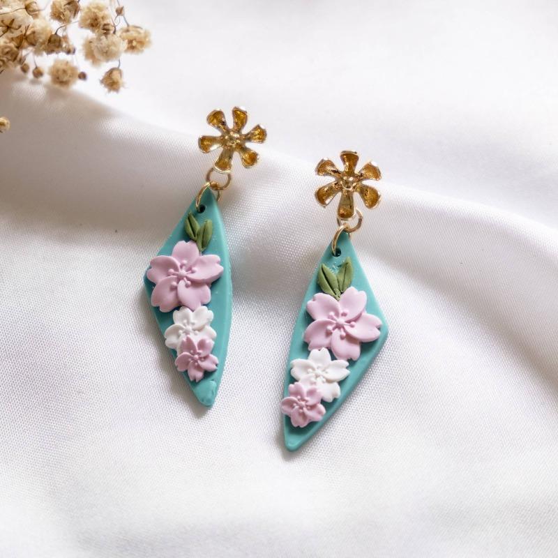 Cherry Blossom Flower Rain Polymer Clay Gold Handmade Earring