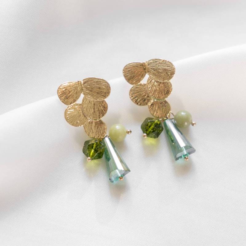 Springtime Peridot Olivine Jade Leaf Gold Handmade Earring