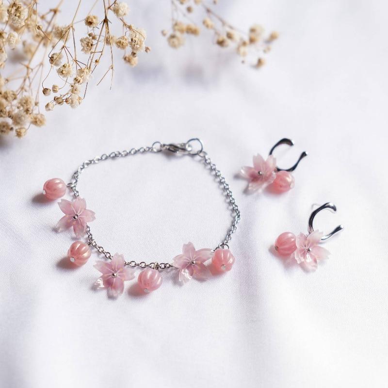 Haru Hana Spring Flower Pink Sakura Handmade Bracelet Earring Set