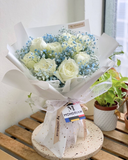 9 Stalks White Roses and Blue Baby's Breath
