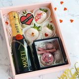 (Bundle Set) Special Chocolate Coated Strawberries With Mini Moet & Charming Pink Preserved Flower Keychain
