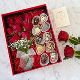 Double Love Chocolate Coated Strawberry & Rose Flower Bouquet Fruit Gift Box