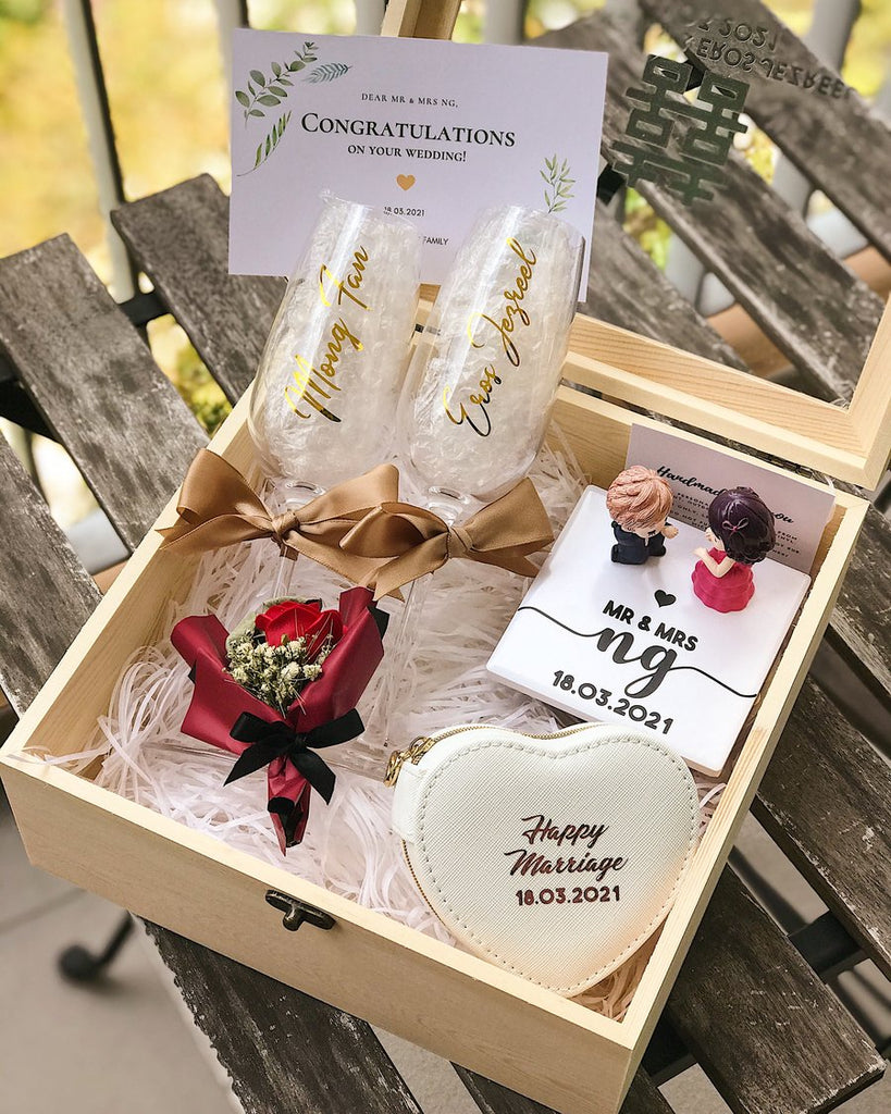 Personalized Couple Custom Wooden Box + Champagne Glass + Heart Jewelry Box + Ring Holder OR Deco Display Bundle  | (Islandwide Delivery)