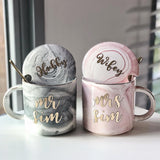 Personalized Couple Grey/Pink Short Gold Trim Marble Mug With Lid Cover + Gold Spoon  | (Islandwide Delivery)