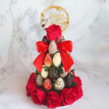 Romantic Love Fresh Fruit Arrangement with Chocolate Dipped Strawberry Tower & Roses / Flower Arrangements