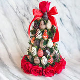 Romantic Love Fresh Fruit Arrangement with Chocolate Dipped Strawberry Tower & Roses / Flower Arrangements