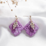 Purple Lady CZ Leaf Polymer Clay Gold Handmade Earring