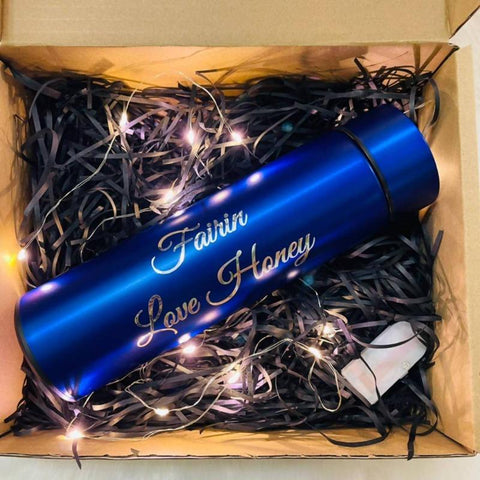 Smart Digital LED Thermal Thermos Flask Personalised Gift Set with OPTIONAL Personalised Compact Mirror