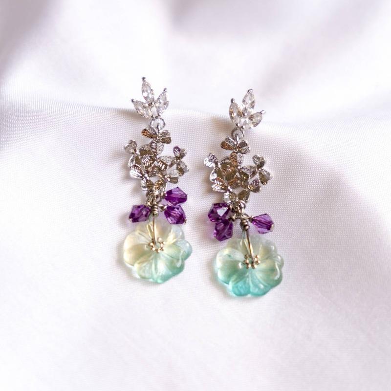 Forest Flower Green Purple Silver Handmade Earring