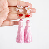 Pink Flower with Premium Silk Tassel Gold Earring