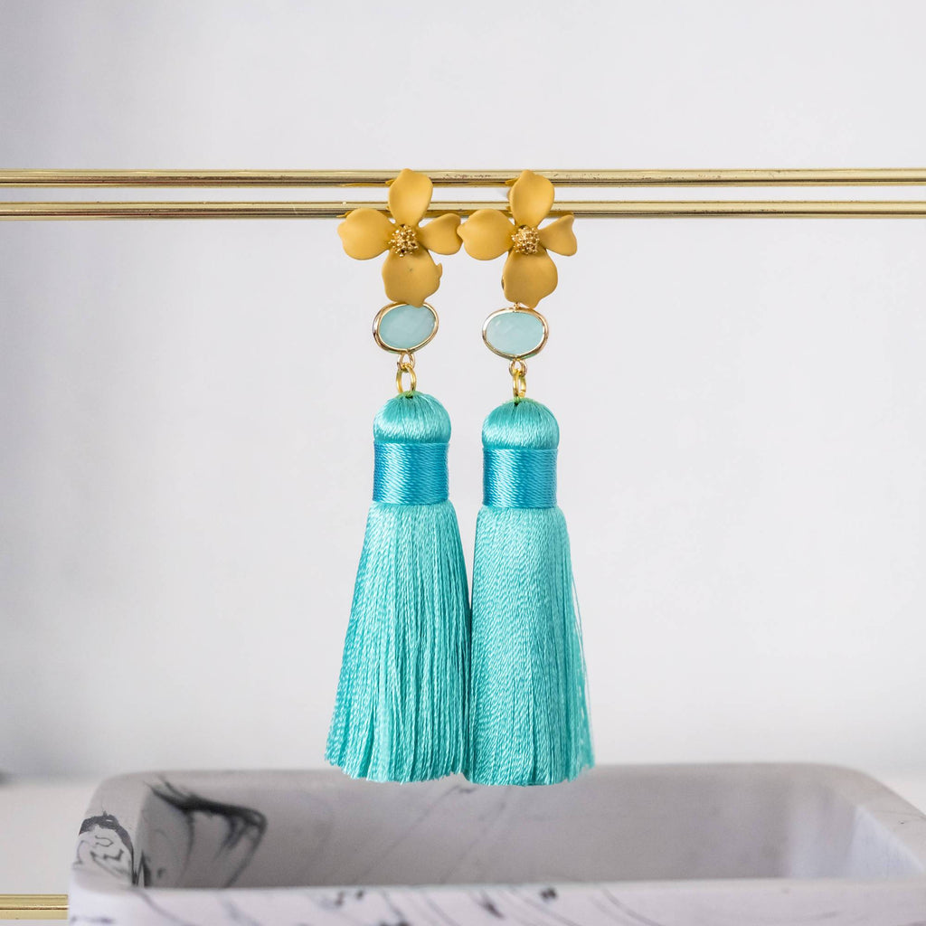 Yellow Flower with Turquoise Mint Premium Silk Tassel Gold Earring