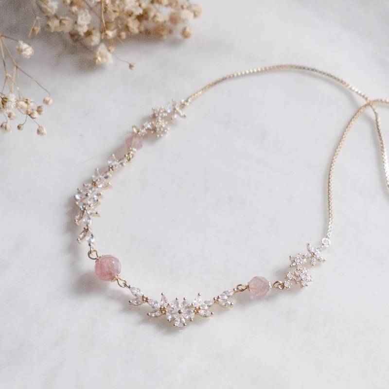 Cherry Blossom Strawberry Quartz CZ Gold Necklace