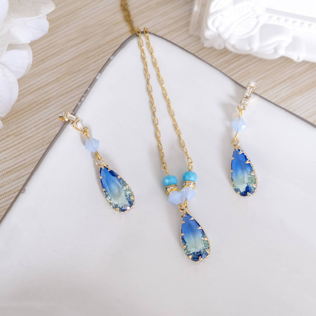Dual Tone Blue Green Glass Pendant Set (Necklace and Earring)