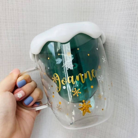 Personalised Christmas Tree Double Wall Glass Coffee Mug with Lid